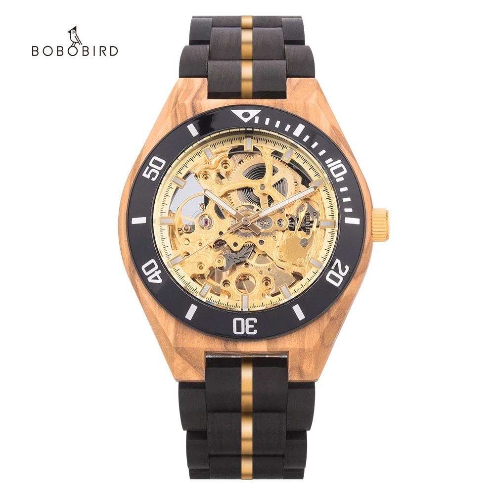 

BOBO BIRD Men's Luxury Wooden Mechanical Watches Stainless Steel Waterproof Automatic Skeleton Gold Wristwatch relogio masculino
