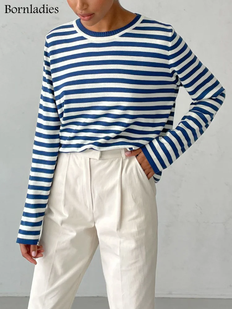 

Bornladies Knitted Stripe Sweater Women 2022 Autumn Winter Loose Casual Thick Pullovers Female Warm Long-sleeved Round Neck Tops
