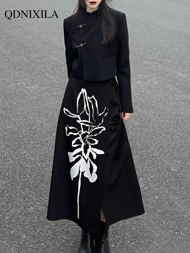 

Y2k Clothes Women New Outerwear Chinoiserie Ink Painting Black White Print Mid Length A-line Skirt Two-piece Set Spring Jacket