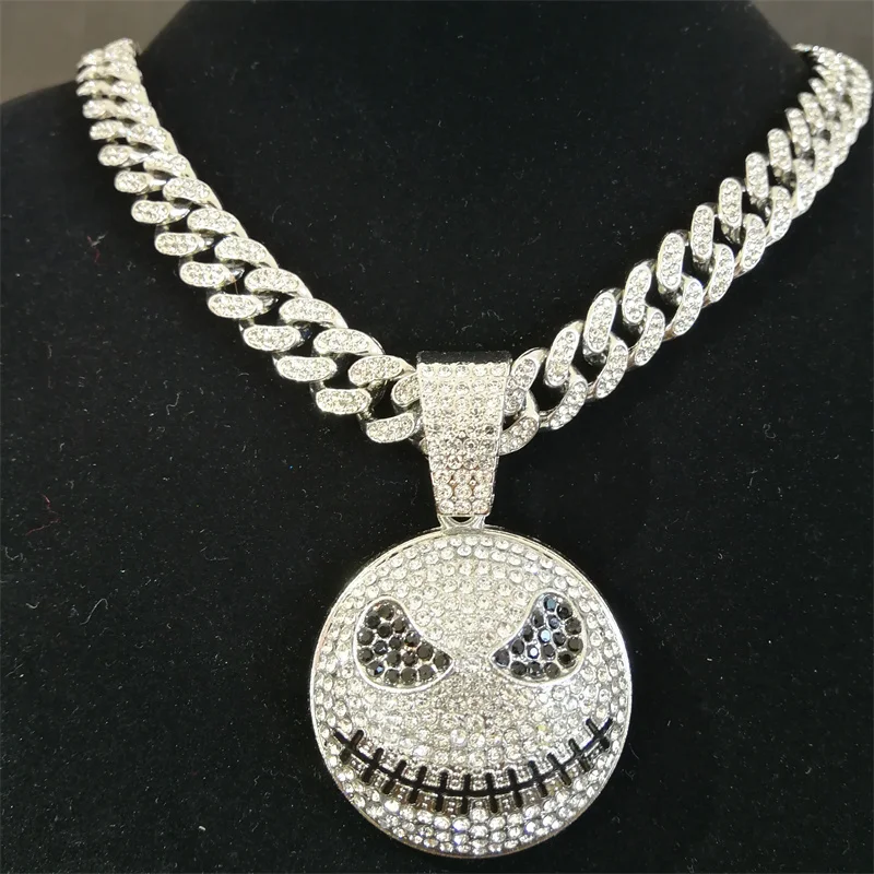 Hip Hop Crystal Pumpkin King Pendant with Iced Out Miami Cuban Link Chain Necklace For Men  Skull Jack Jewelry Dropshipping