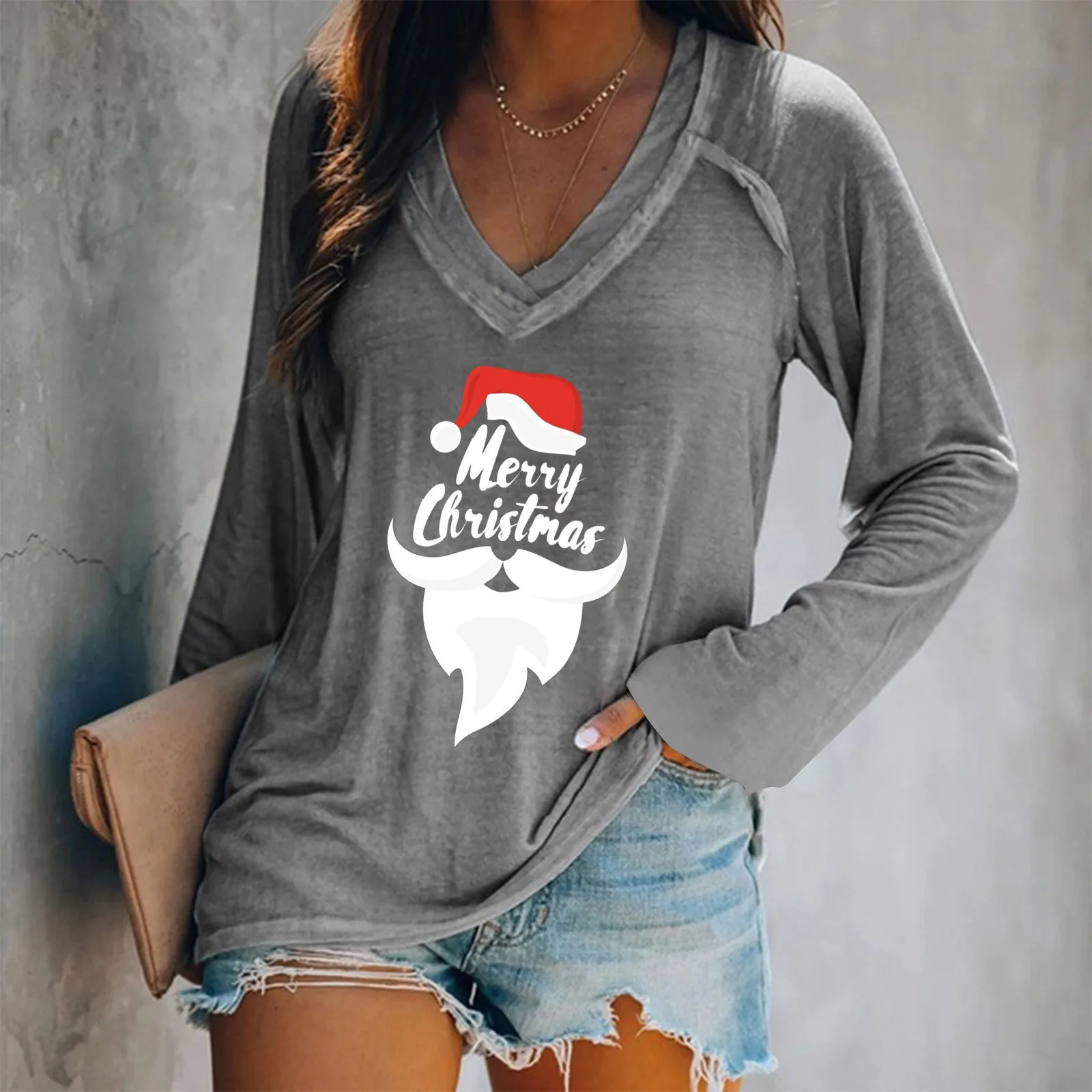 

Women Fashion Christmas Top Blouse Casual V Neck Long Sleeve Casual Printed T-Shirt Merry Dressy Short Sleeve Shirts for Women