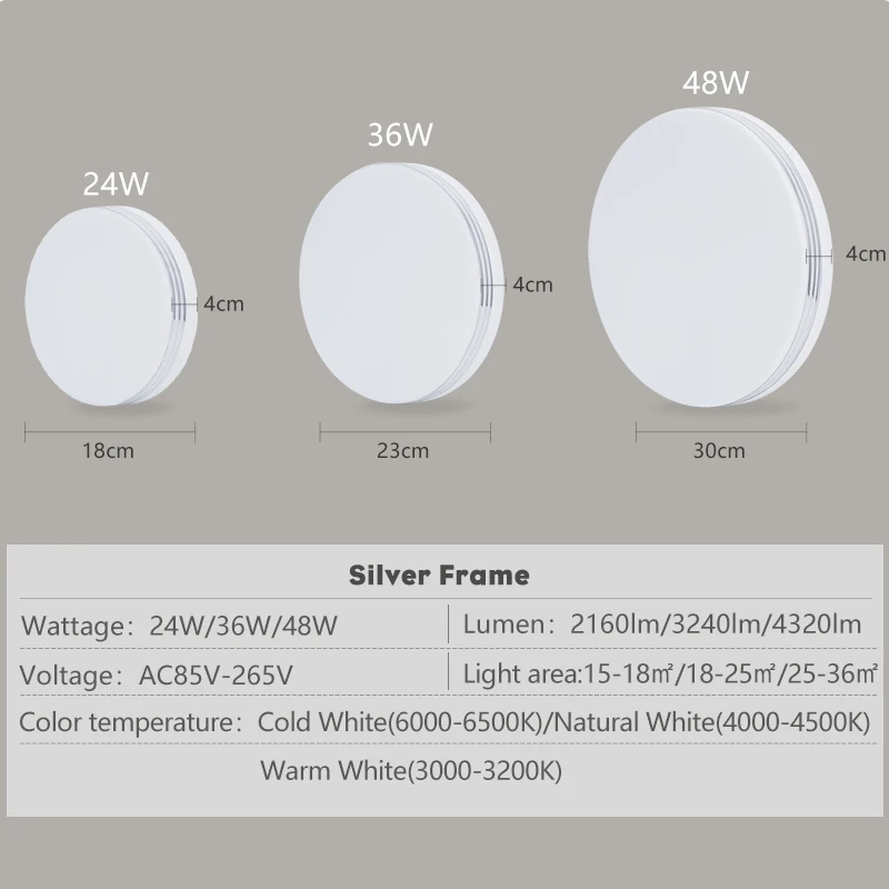Round Led Ceiling Lamps Silver Frame Natural White Lustre Lighting 48W 36W 24W Ceiling Lights for Bedroom Living Room Decoration