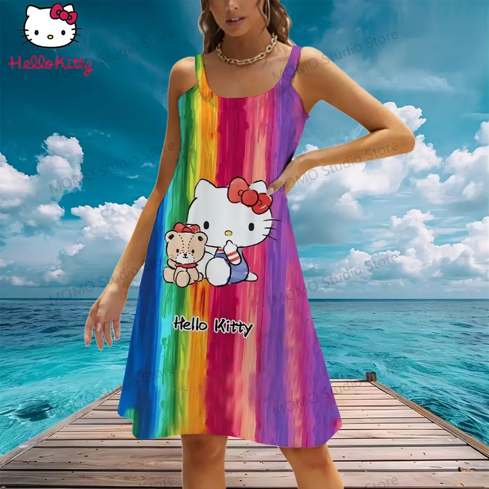 Женское пляжное платье на бретельках Hello Kitty крутая мода для отдыха Y2k элегантные