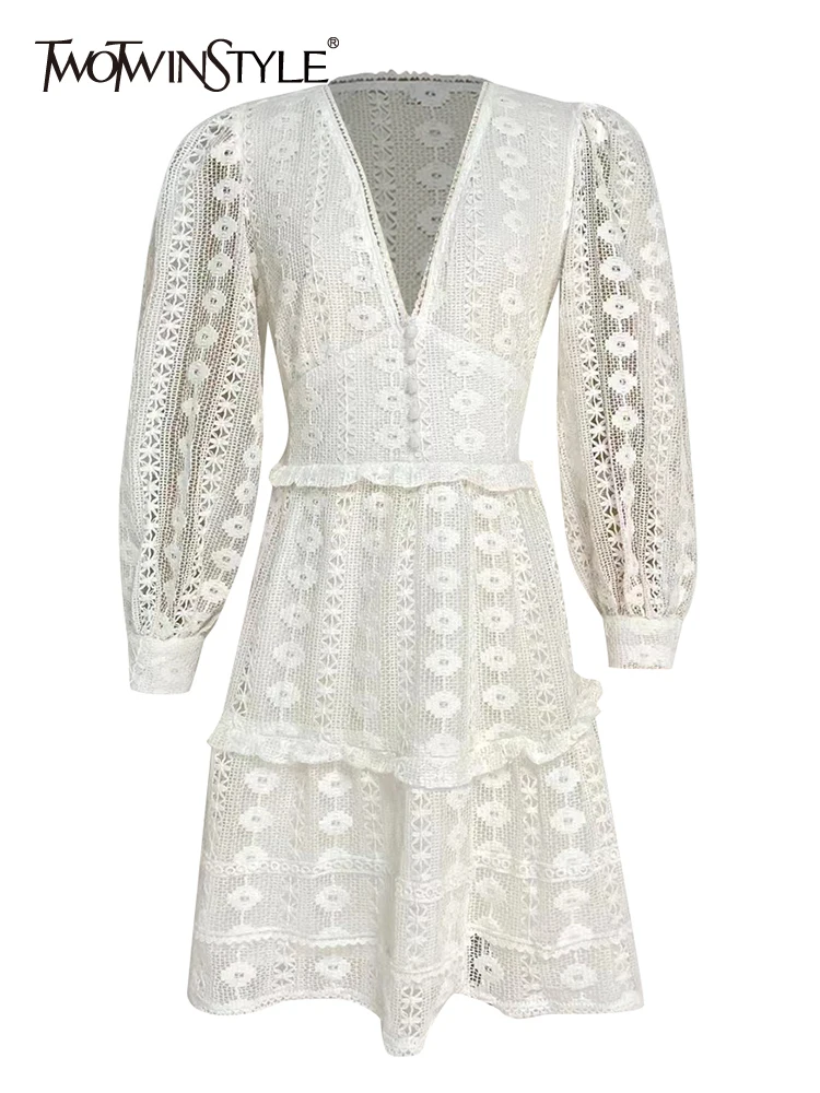 

Женское винтажное платье TWOTWINSTYLE, однотонное мини-платье с v-образным вырезом, длинным рукавом и высокой талией, модная одежда