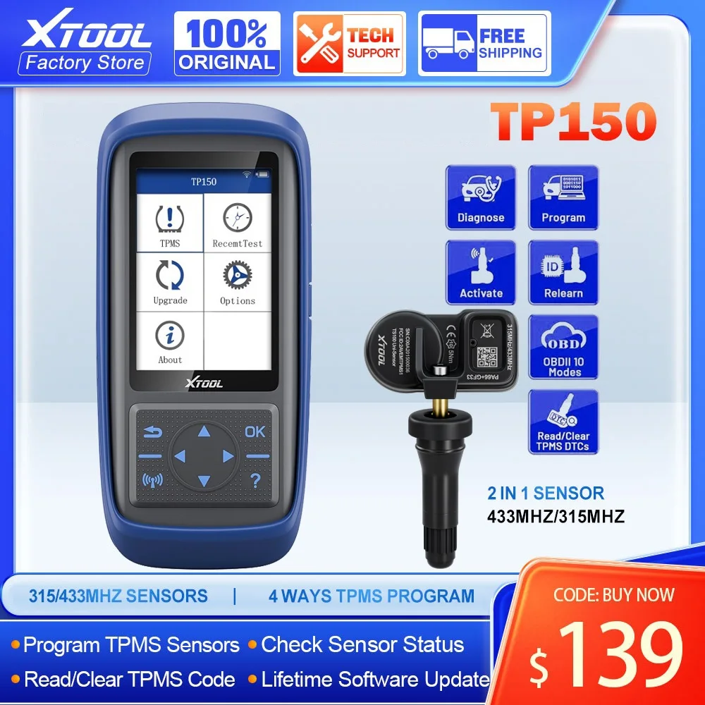 Монитор давления в шинах XTOOL TP150 с датчиком 315 и 433 МГц TS100 OBD2 сканер инструмент TPMS Программирование мониторинга давления в шинах