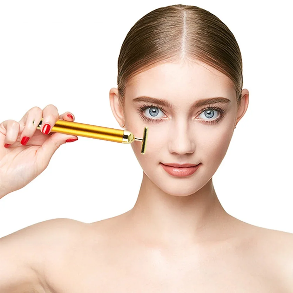 Т-образный ролик для лица 24-каратного золота вибрирующий лифтинговый импульсный