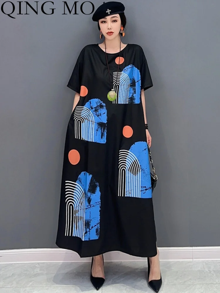 QING MO 2023 Spring Summer New Korean Fashion Trend Print Dress Temperament Slim Women's Dress Half Sleeve ZXF1523