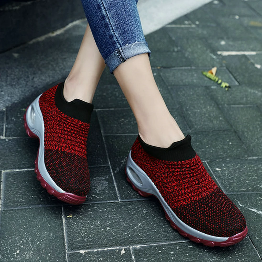 Women's Air Cushion Walking Shoes Fashion Anti-Slip Thick Sole Sneakers Slip-On Lightweight Breathable Casual Shoes