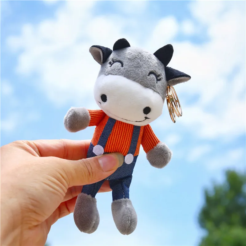 

15cm cute cartoon anime cowboy calf plush toy kawaii animal overalls rag doll pendant backpack keychain toy