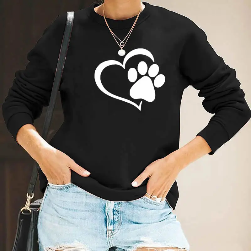

Пуловер женский с круглым вырезом, свитшот с принтом собачьих лап и сердец, худи в стиле Харадзюку, повседневная одежда, весна-осень-зима
