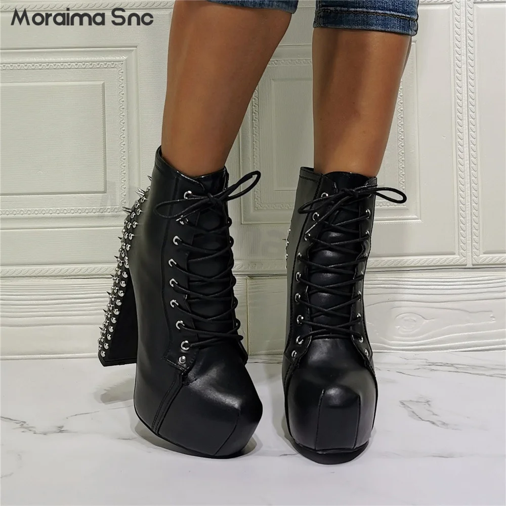 Black Stud Block Heel Lace-Up Booties Punk High Heel Block Heel Platform Sexy Fashion Large Size Women's Shoes