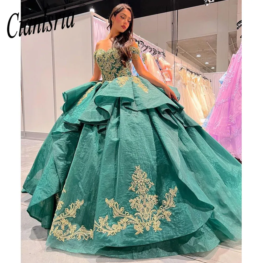 

Dark Green Sweet 16 Quinceanera Dress 2023 Off Shoulder Appliques Sequins Flowers Princess Party Gown Vestidos De 15 Años