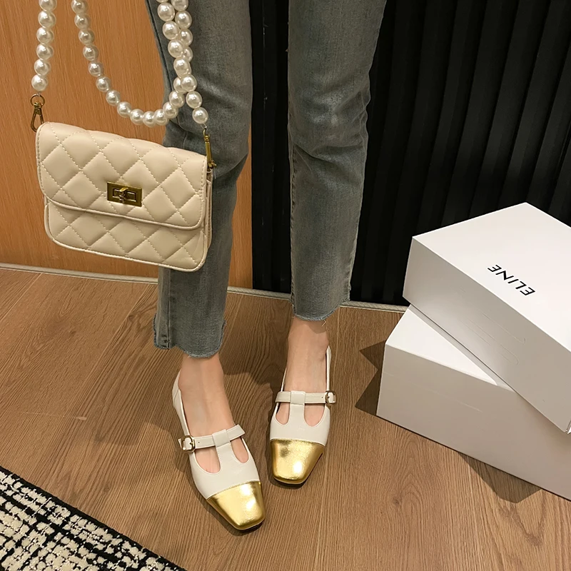 New Sheepskin Women's Shoes Square Headed Mid Heel Spliced Thin Strap Buckle Thick Heel Women's Shoes