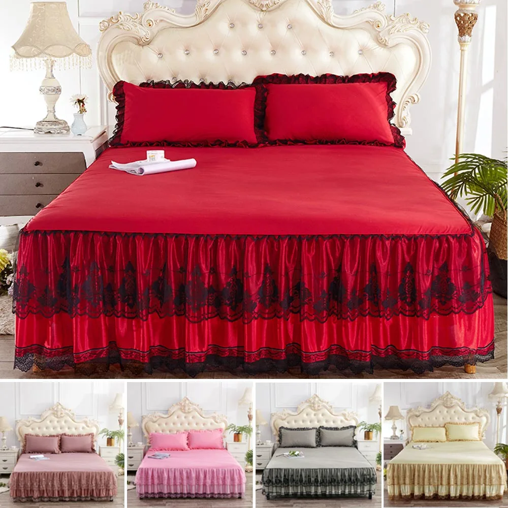 

New Luxury embroidery Pattern Lace and silk Double Bed Skirt Non-slip Lace Bed cover bedspread queen size bed skirt king size