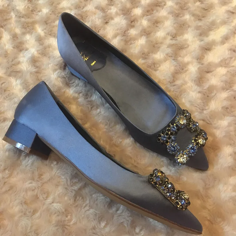 Luxury New Rhinestone Square Button Silk Women Pumps Lady Shallow Thick-heeled Pointed Toe Comfortable Elegant High heels Shoes
