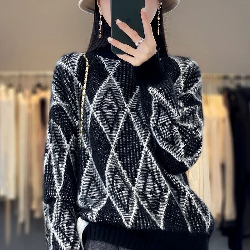 New Autumn And Winter 100% Pure Wool Turtleneck Thickened Contrast Sweater Loose Joker Fashion Knit Bottoming Shirt