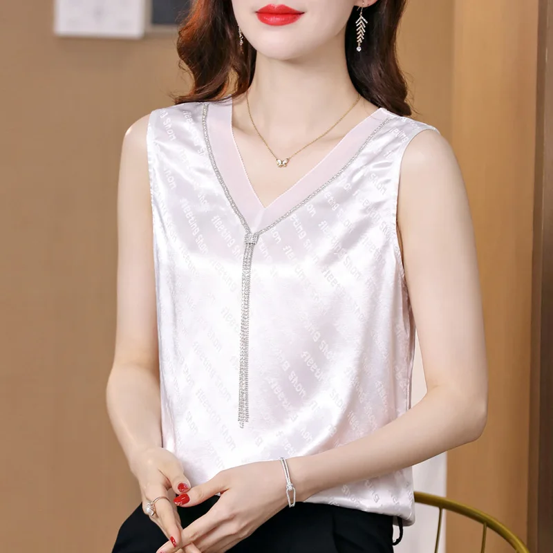 

Summer New Design Silk Satin Tank Tops For Women Acetate Solid Fashion Patchwork V-Neck Sleeveless Office Lady Tops