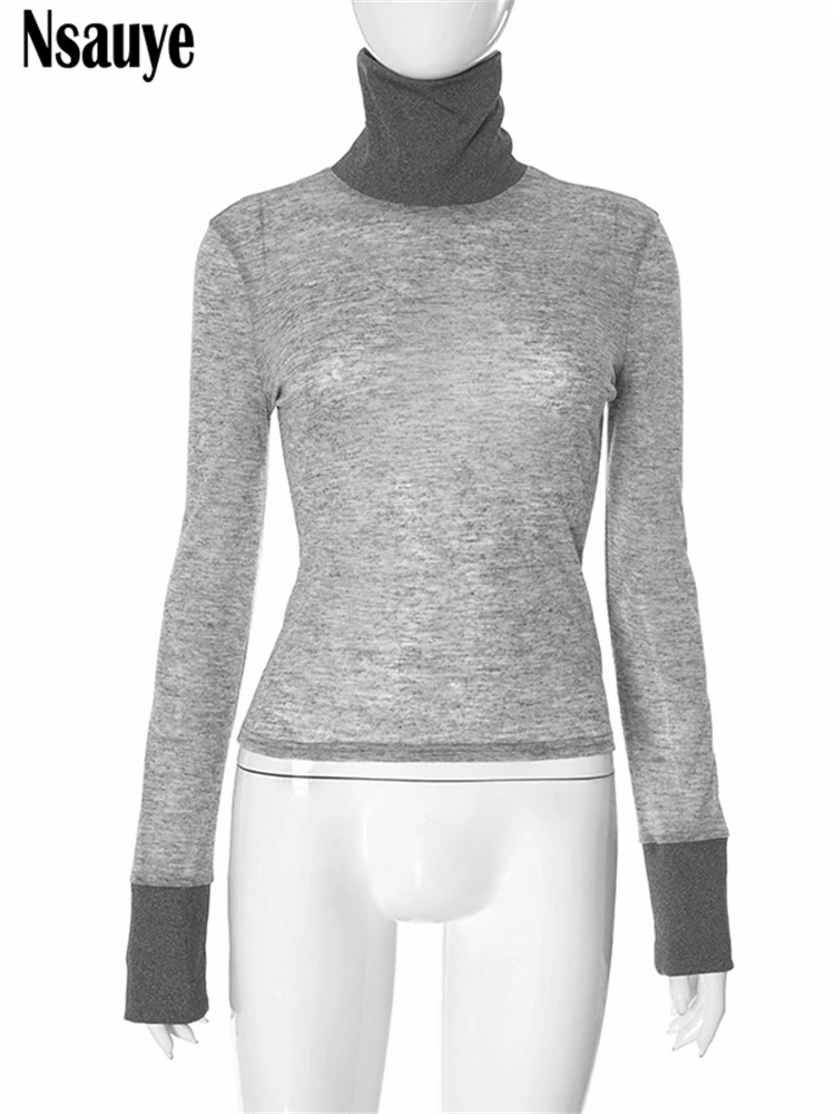 Nsauye 2024 зимняя водолазка с длинным рукавом в стиле пэчворк узкая футболка Y2K
