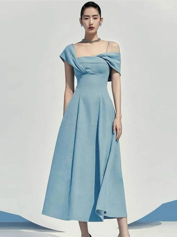 

Midi Long Prom Dresses Women 2023 Summer Asymmetric Oblique Shoulder Straphetti Straps Solid Backless High Waist A Line Vestidos