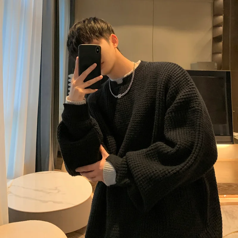 

2023 New Men's High Quality American Retro Versatile Fashion Street Style Waffle Woven Two Piece Solid Casual Comfort Sweater