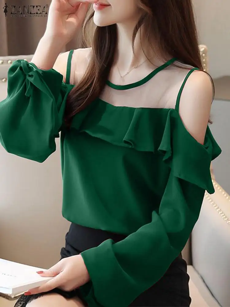 

ZANZEA Mesh Patchwork Cold Shoulder Tunic Tops Fashion Ruffles Women Tied Cuffs Sheer Blusas O-neck Elegant Puff Sleeve Blouses