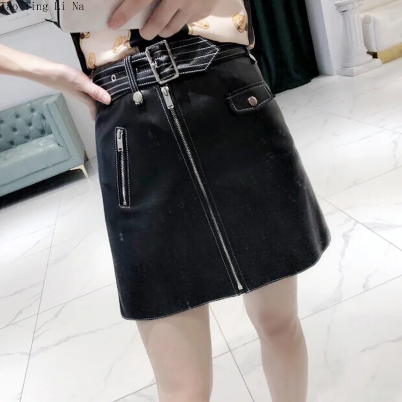 2022 Leather Skirt Belt A-line Sheepskin Skirt Topstitch Versatile Leather Skirt W7