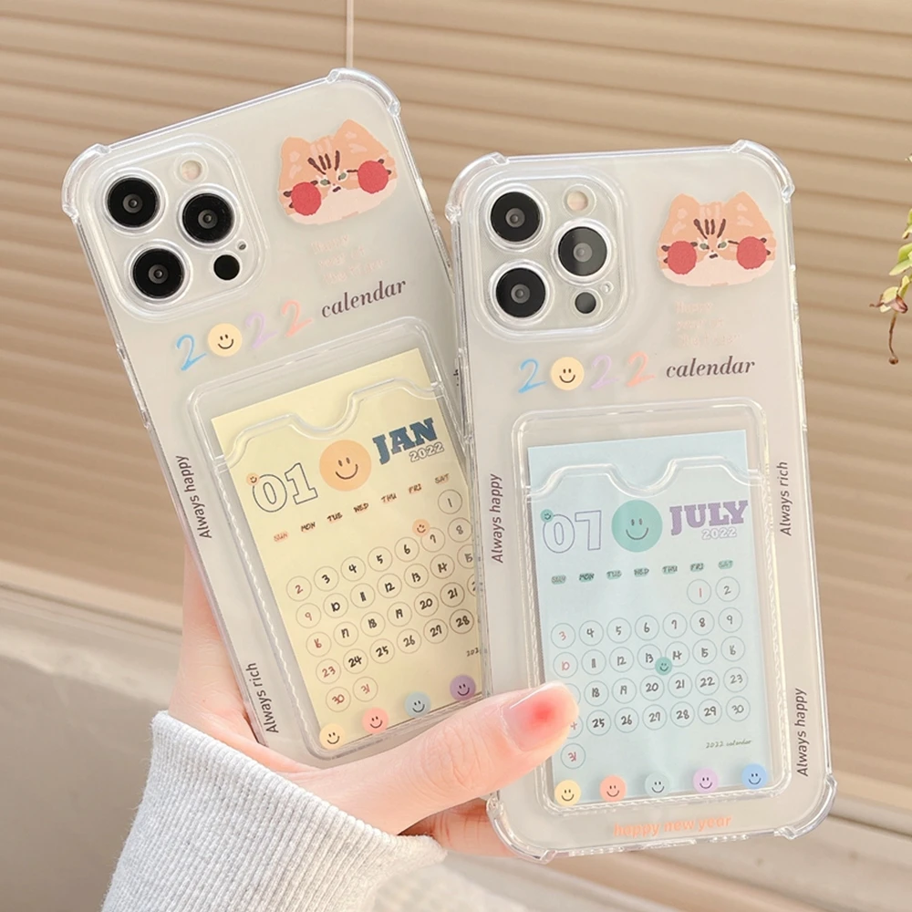 

Cute Cartoon Calendar Card Holder Case For iPhone 13 12 11 Pro Max X XR XS Max 7 8 Plus Wallet Transparent Shockproof Soft Cover