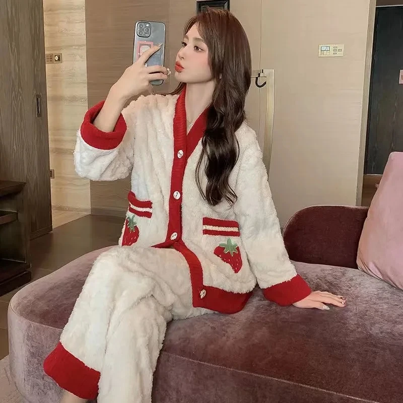 2 pieces Thick Coral Winter Warm Flannel Women Pyjamas Sets Long Sleeve Sleepwear Flannel Pajamas Set  pyjamas sets