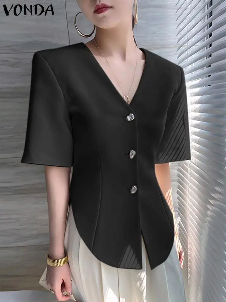 

Женский блейзер VONDA 2023, летние повседневные рубашки, модные элегантные свободные однотонные Блузы с коротким рукавом и V-образным вырезом, женская верхняя одежда на пуговицах