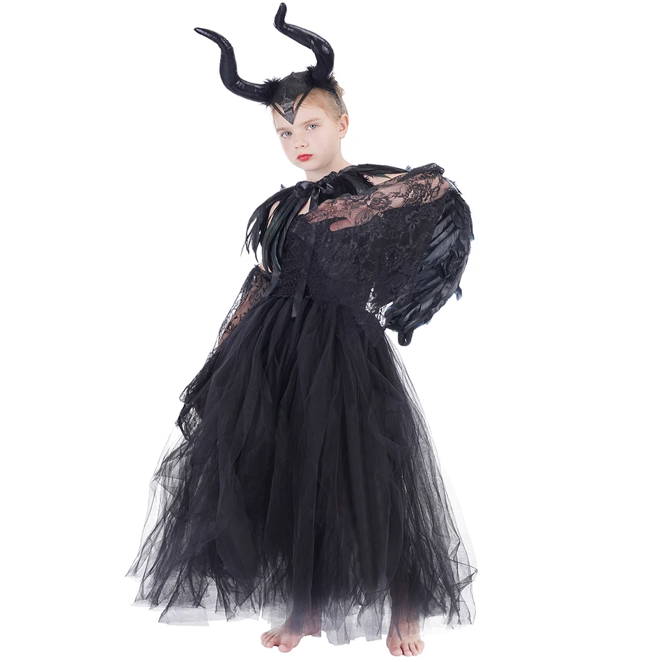 Halloween Costume For kids Maleficent Dress Deluxe Girls Fancy Feather Shawl Glam Gown Tutu Dress Kids Demon Queen Witch Clothes
