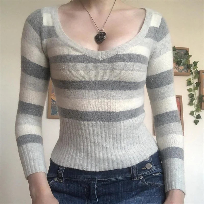 

Женский трикотажный пуловер в рубчик, Повседневная облегающая футболка в полоску с V-образным вырезом и длинным рукавом, осень-весна