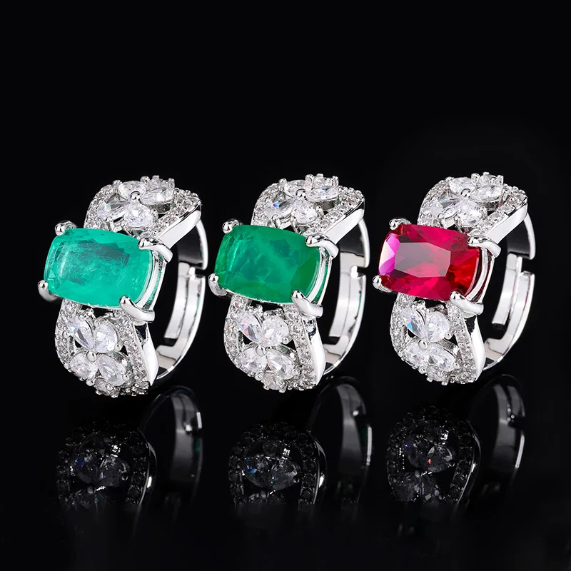 

Fashion Square Paraiba Crystal Adjustable Ring Flower Luxury Quality Jewelry Nail Charms Bride Couple Decoration Brand Accessory