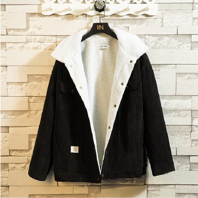 Plus Size Loose Thickened Imitation Lamb Wool Corduroy Cotton Coat Men's Fashion Casual Cardigan Winter Warm Coat Korean Clothes