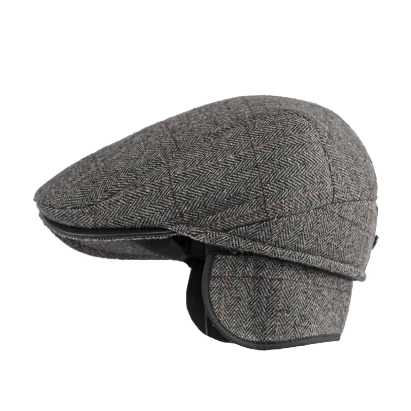 

Winter Beret Hat Men Middle Age Elderly Newsboy Cap For Male Twill Flat Peaked Cap with Earflap Visor Warm Driver Beret Retro