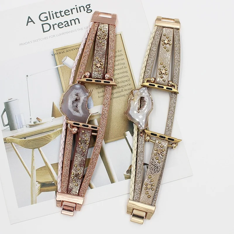Natural Stone Multilayer Leather Bands for Apple Watch Bands 38mm 42mm, Soft Leather Bands for Iwatch Series 4 5 6 7 SE Bracelet