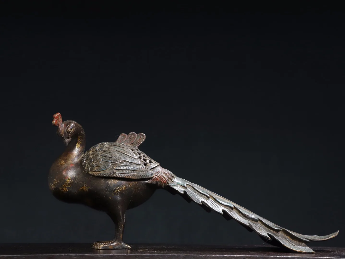 

16"Tibet Temple Collection Old Bronze Cinnabar Mud gold Peacock Statue pheasant incense burner Ornaments Town house