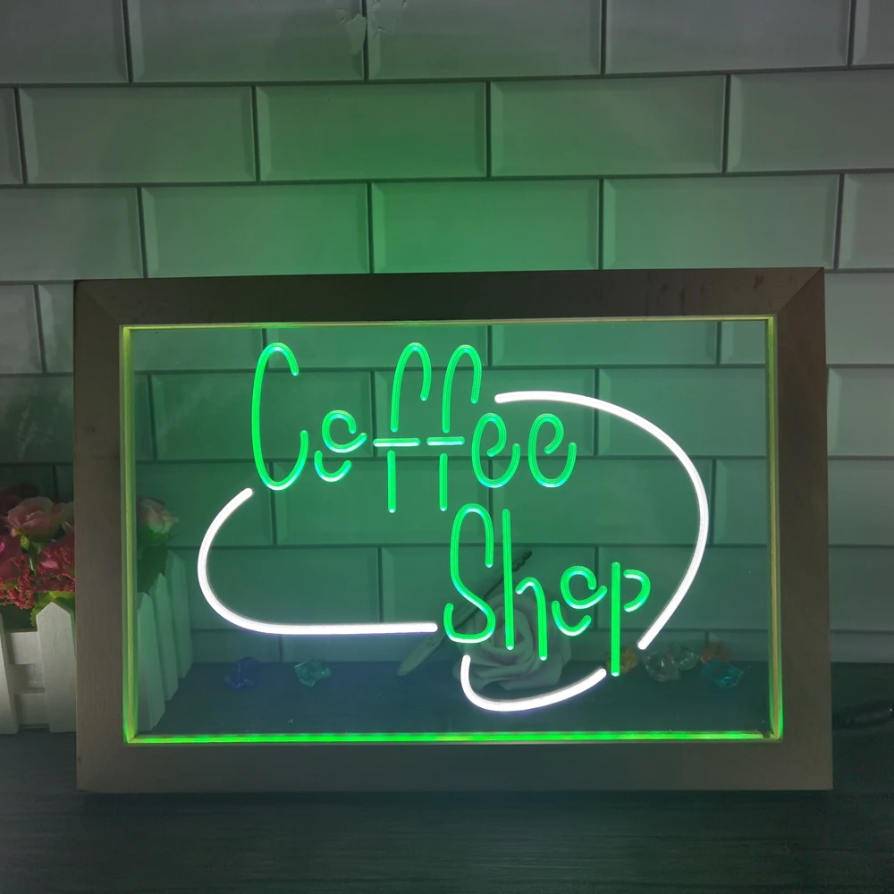 

COFFEE SHOP CLASSIC DUAL COLOR LED NEON SIGN Photo Frame Creative Table Lamp Bedroom Desk Wood 3D Night Light