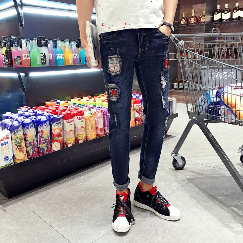 

Spring Summer 2022 Pants For School Denim Jeans Men's Slim Man Pants Youth Feet Boys Patchwork Korean Men's Long Trousers