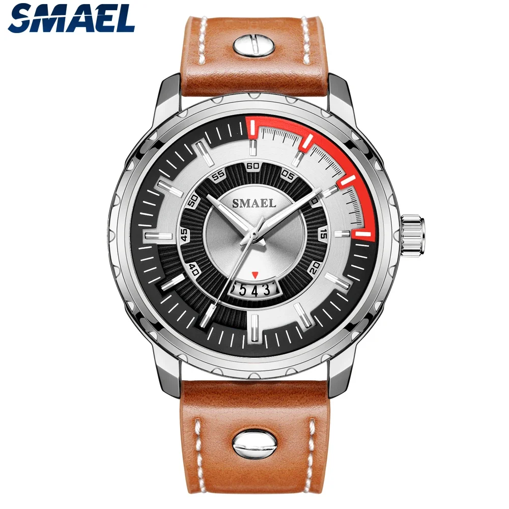 SMAEL Мужские часы Водонепроницаемые кварцевые наручные с кожаным ремешком Модные