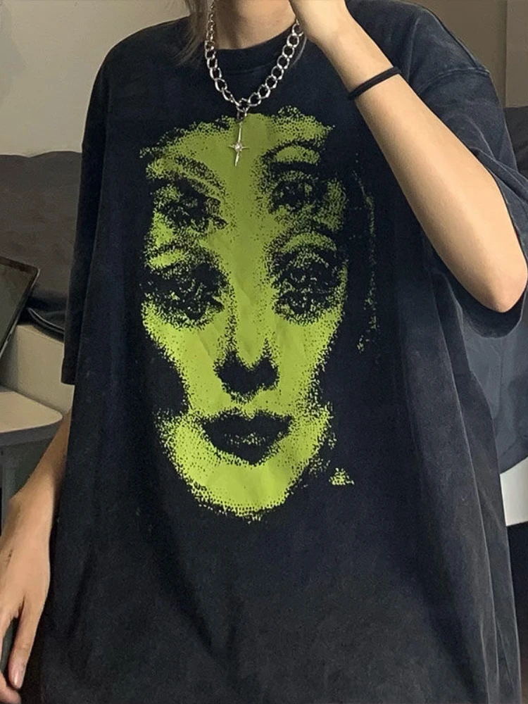 HOUZHOU хиппи эмо Графические футболки женские гранж готические большие черные