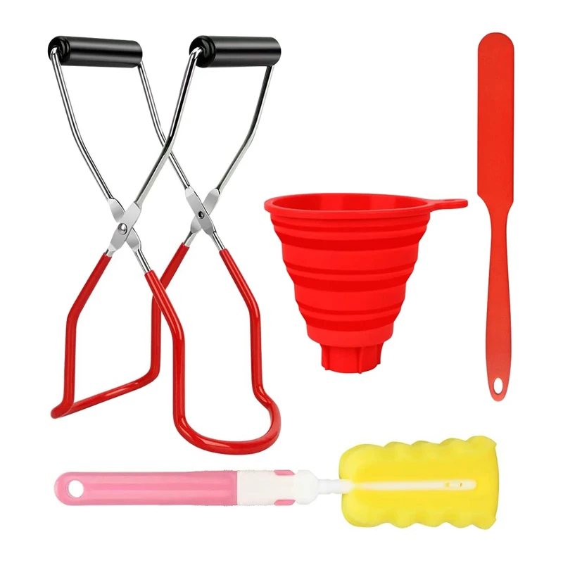 

HOT 4Pcs Canning Supplies Canning Jar Lifter Tongs Foldable Funnel Sponge Brush And Jam Spatula For Kitchen Canning Kits