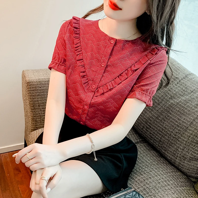 

Chiffon Woman Shirts Summer 2023 New Prints Blouses Loose Short Sleeves Patchwork Ruffles Top V-neck Ladies Clothing YCMYUNYAN