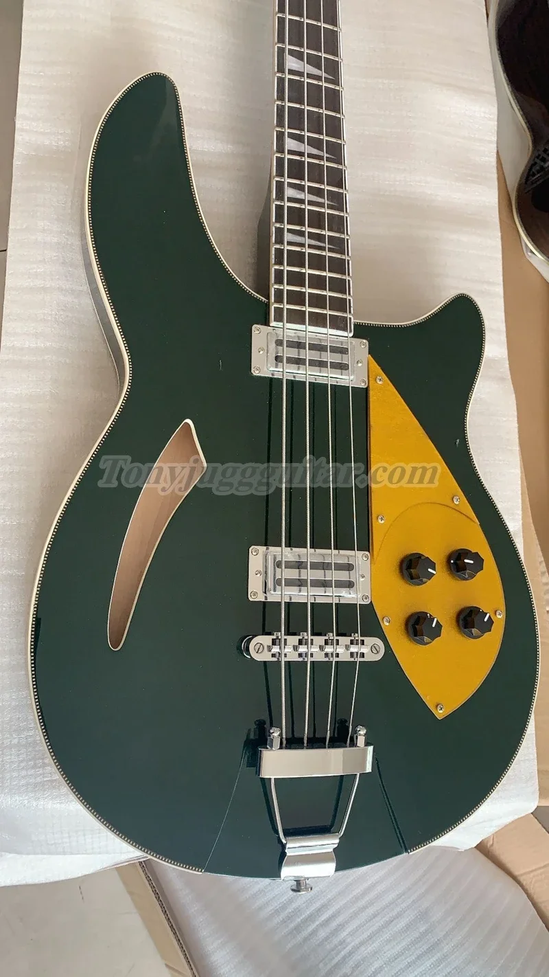

4005 4 Strings green Semi Hollow Body Electric Bass Guitar .Checkerboard Binding, Gloss Lacquer Fingerboard, MOP Triangle Inlay