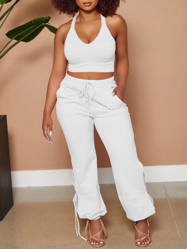 

Sexy Women V Neck Vest Hollow Out Pant Suit Summer Sleeveless High Waist Trousers Set Female Streetwear Solid Slim Pants Outfits