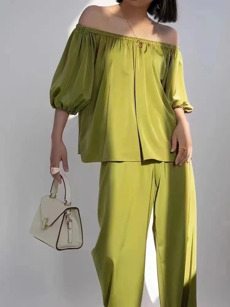 

female casual two piece set off shoulder loose simple blouse high waist plus size wide leg pants streetwear outwear