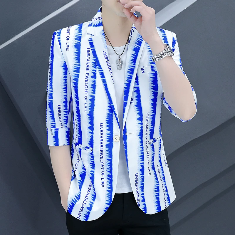 

Summer Dress Sleeve Small Suit Male Seven Points Sleeve Stripe Coat Korean Version Slim Physique Ruffian Jacket Half Sleeve Suit