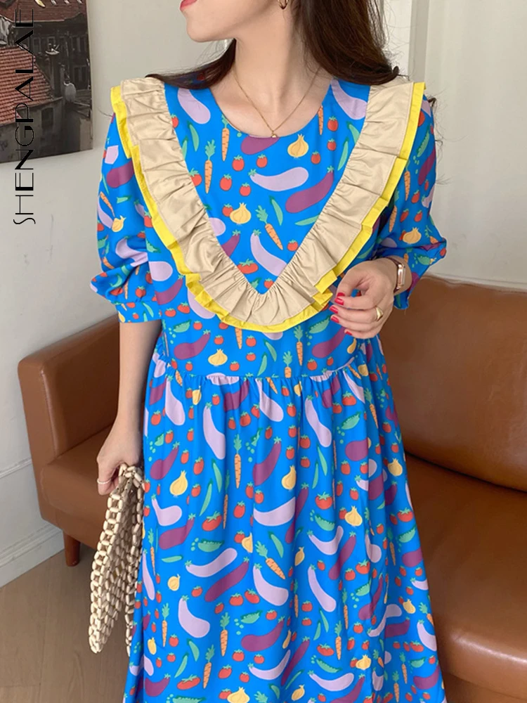 

SHENGPALAE платье с оборками и принтом для женщин, свободное, элегантное, темпераментное, с круглым вырезом, с коротким рукавом, лето 2022, новая мод...