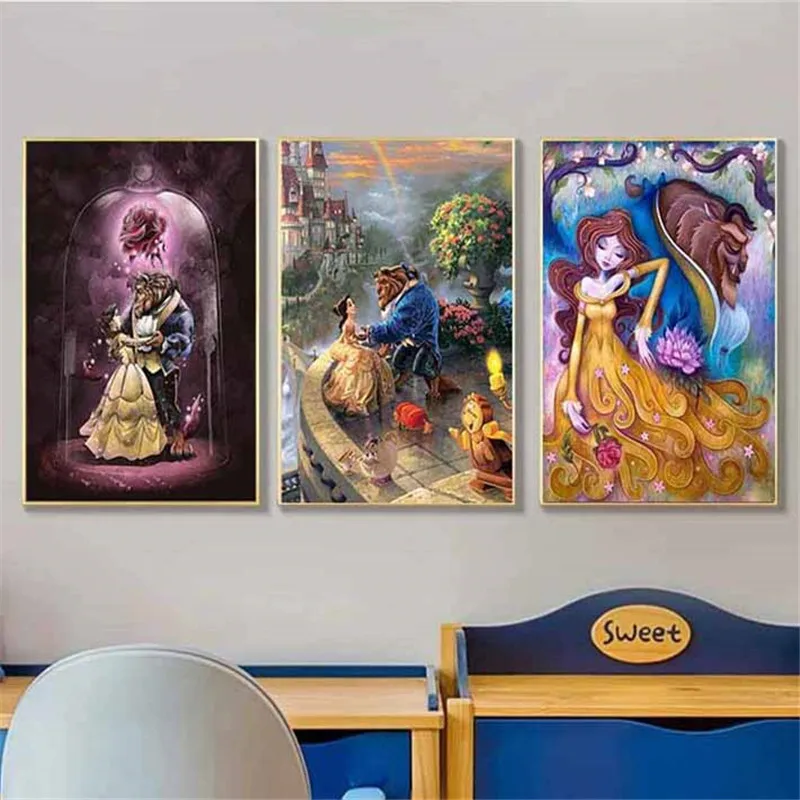 

Canvas Painting Disney Wall Art Cartoon Princess Anime Prints posters Beauty and the Beast Posters Picture Girl Room Decoration