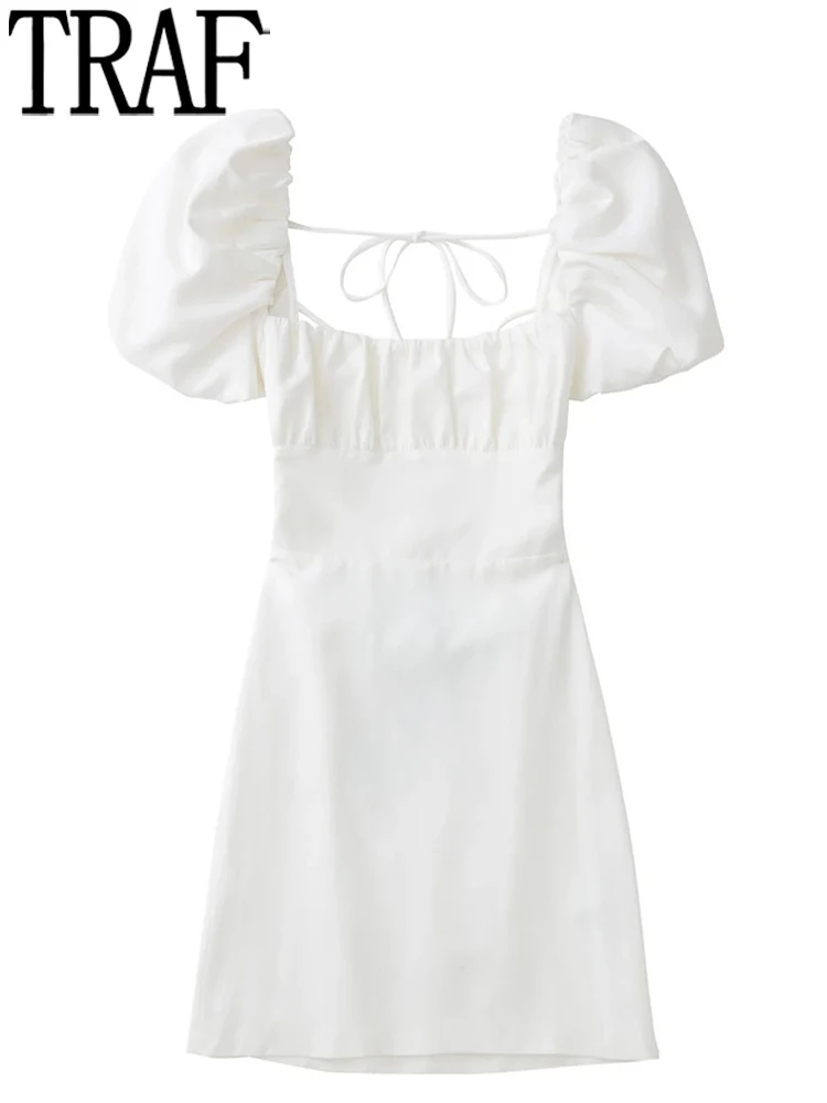 

TRAF 2022 Backless White Dress Women Strappy Short Dresses Woman Square Neck Short Puff Sleeve Mini Dress Sexy Summer Dresses
