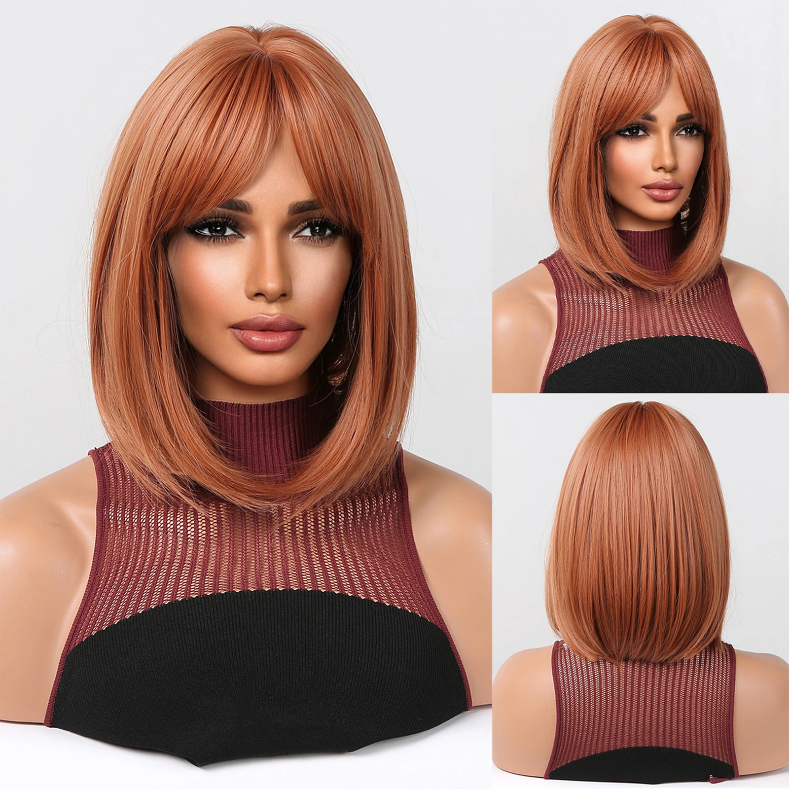 EASIHAIR Copper Ginger Synthetic Wigs Short Straight Cosplay Wig with Bangs for Black Women Heat Resistant Daily Natural Hair